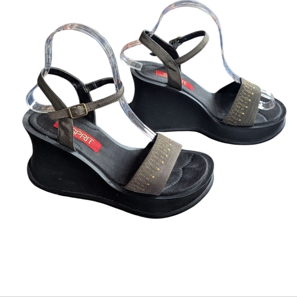 Vintage Y2K Esprit Platform Chunky Wedge Sandals Olive Green Gold Embroidery - Picture 9 of 9